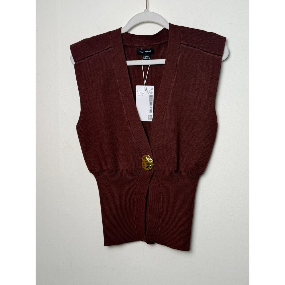 Urban Revivo Reddish Brown V-Neck Knit Vest Gold Button UWJ950060 Womens S NEW